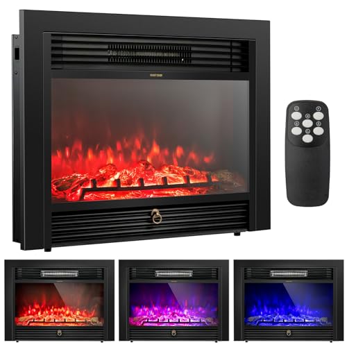 COSTWAY 28.5-Inch Electric Fireplace Inserts, 750W/1500W Wall Recessed and Freestanding Fireplace with 3 Flame Colors, 5 Brightness Settings, 8H Timer, Remote Control, Fireplace Heater for Indoor Use