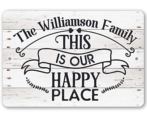 Personalized This is Our Happy Place - Great Living Room Home Decor, Family Wall Print, Customized Housewarming Gifts, Rustic Wood Style Look 8x12 or 12x18 Indoor or Outdoor Durable Metal Sign