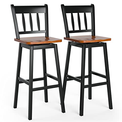 COSTWAY Bar Stools Set of 2, 30.5 Inch Rubber Wood Bar Chairs with 360¡Swiveling, Footrest, Swivel Pub Height Barstools Ideal for Kitchen Island, Counter, Pub or Bar (2, Black)