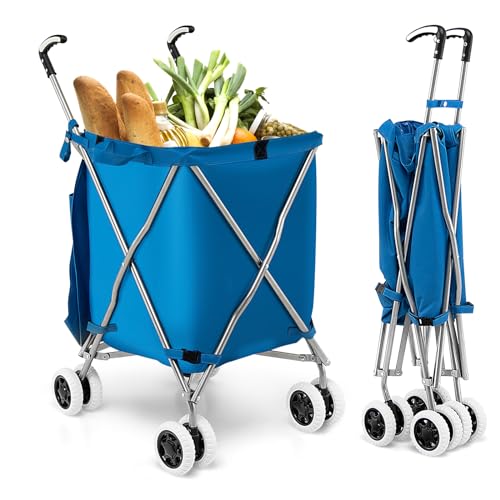 COSTWAY Folding Shopping Cart, Portable Grocery Cart on Wheels with Removable Waterproof Oxford Cloth Liner, Transport Up to 120 Pounds, Lightweight Utility Cart for Groceries, Laundry (Blue)