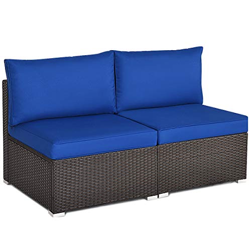 COSTWAY 2PCS Patio Rattan Armless Sofa Sectional Furniture Conversation W/Navy Cushion