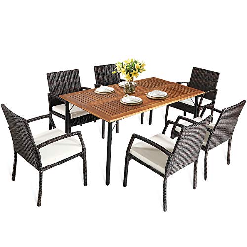 COSTWAY 7PCS Patio Rattan Dining Set Cushioned Chair Wooden Table Top W/Umbrella Hole