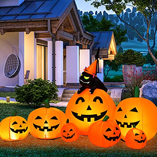 COSTWAY Halloween 7.5 FT Inflatable Pumpkin Combo Decoration w/Witch Black Cat