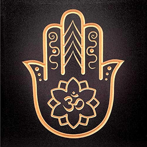 Hamsa Hand Om Flower Wall Decor - 8 x 8 inches - Pooja Room Decoration - OM Wall Hanging - Indian Decor for Spiritual Space, Carved Hamsa Hand Black Wood Wall Art | True Stock Studios