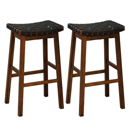 COSTWAY Woven Saddle Stools Set of 2, 31-inch Vintage Counter Height Chairs with PU Leather Woven Seat & Solid Wood Legs, Modern Backless Bar Stools for Dining Room, Kitchen, Pub, Bistro, Brown