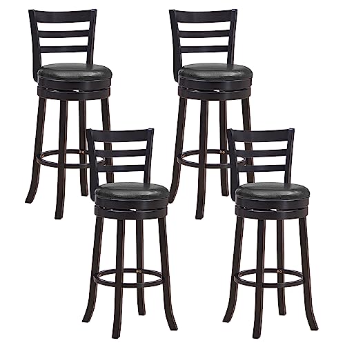 COSTWAY Bar Stools, 360-Degree Swivel Bar Chairs with PU Upholstered Seats, Solid Rubber Wood Backrests, Footrests & Legs, Bar Height Stools with Backs for Kitchen, Bar, Cappuccino (4)