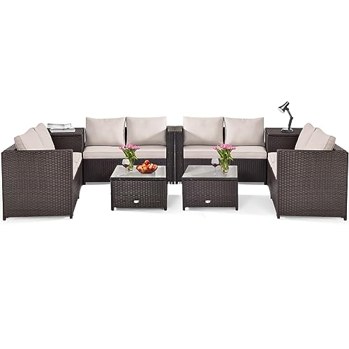 COSTWAY 8PCS Outdoor Patio Rattan Furniture Set Cushioned Loveseat Storage Table