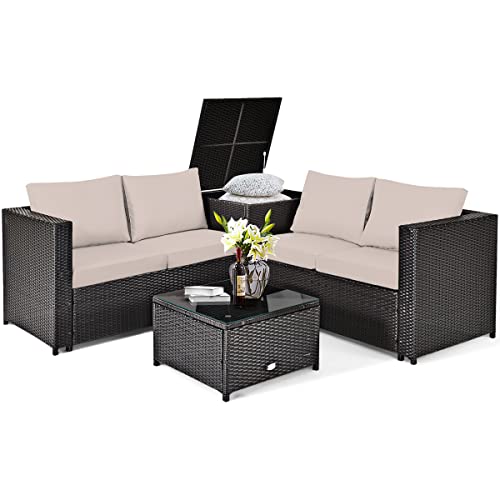 COSTWAY 4PCS Outdoor Patio Rattan Furniture Set Cushioned Loveseat Storage Table Brown