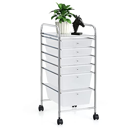 COSTWAY 6-Drawer Rolling Storage Cart, Multifunctional Art Craft Tools Organizer on Wheels, Heavy Duty Utility Mobile Storage Trolley w/ 2 Lockable Wheels for Home Office School (White)