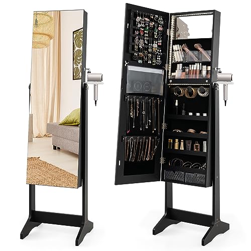 COSTWAY LED Mirror Jewelry Cabinet, Standing Jewelry Organizer w/Hairdryer Holder, Full-length Mirror with Large Jewelry Storage, Lockable Jewelry Armoire for Living Room, Bedroom (Black)