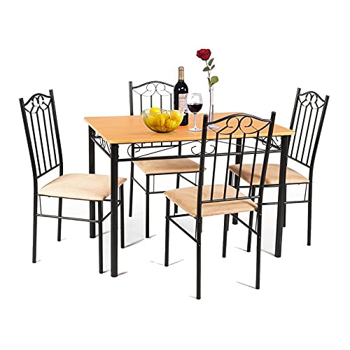 COSTWAY 5 Pieces Wood Dining Set with Table and 4 Chairs in Black