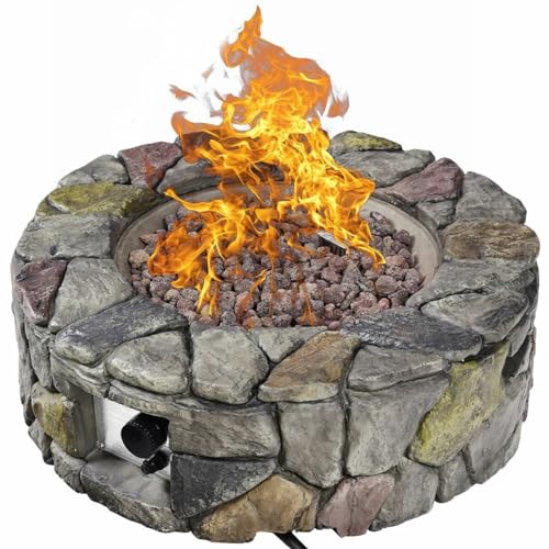 COSTWAY 28-Inch Gas Fire Pit 40,000 BTU Propane Fire Pit Outdoor with Natural Stone, Cover, Stainless-Steel Gas Burner w/Electronic Ignition Lava Rock, ETL Certification, Grey