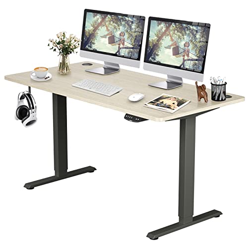 COSTWAY Dual Motor Electric Stand Up Desk, Height Adjustable Standing Desk w/Solid One-Piece Desktop & Memory Controller, Home Office Sit-to-Stand Computer Workstation (Natural+Black, 55''X28'')