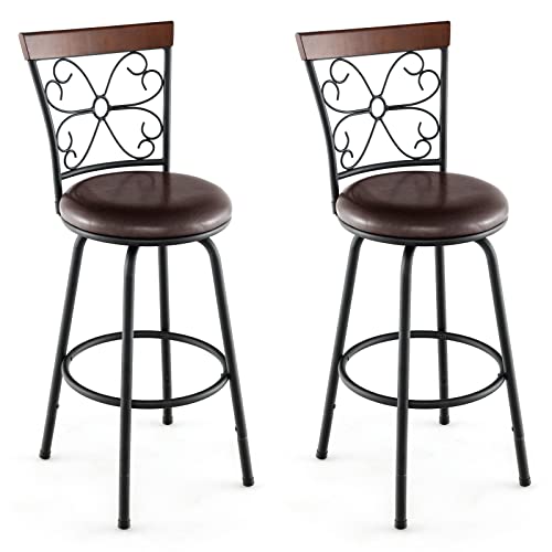 COSTWAY Bar Stools for Kitchen Island, 24/30 Inch Adjustable Seat Height Swivel Barstools Set of 2, Cushioned Seat & Cozy Backrest, Extra Leg Tubes for Height Adjustment, for Kitchen, Bar (2)