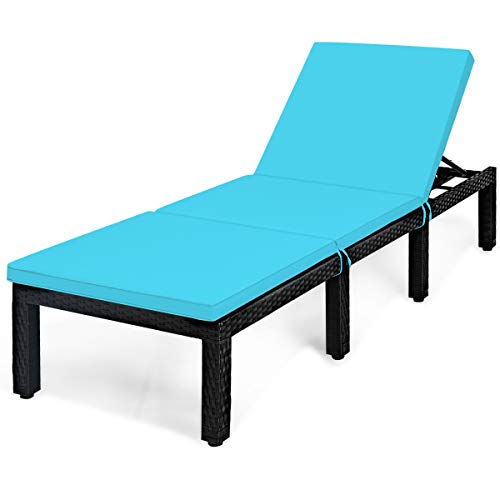 COSTWAY Patio Rattan Lounge Chair Chaise Couch Cushioned Height Adjustable Turquoise