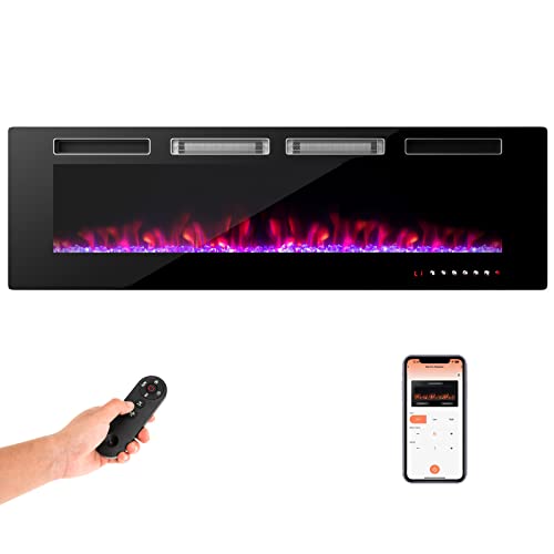 COSTWAY 60-Inch Wide Electric Fireplace, 3.19-Inch Deep Ultra-Thin Wall-Mounted and Recessed Fireplace Heater, Decorative Crystal Included, 12 Flame Color, Remote Control and Smart APP Control, 1500W