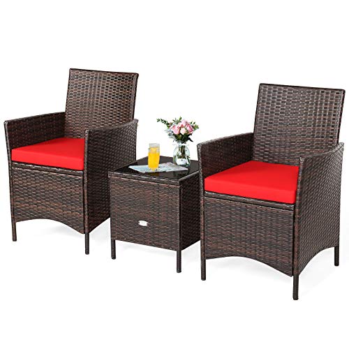 COSTWAY 3PCS Patio Rattan Furniture Set Cushioned Sofa Glass Tabletop Deck Red