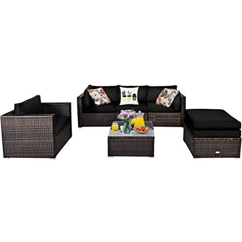 COSTWAY 6PCS Patio Rattan Furniture Set Cushion Sofa Coffee Table Ottoman Black