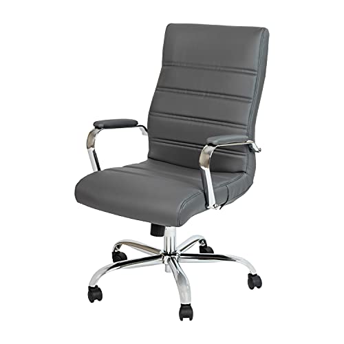 Flash Furniture Whitney High Back Desk Chair - Gray LeatherSoft Executive Swivel Office Chair with Chrome Frame - Swivel Arm Chair