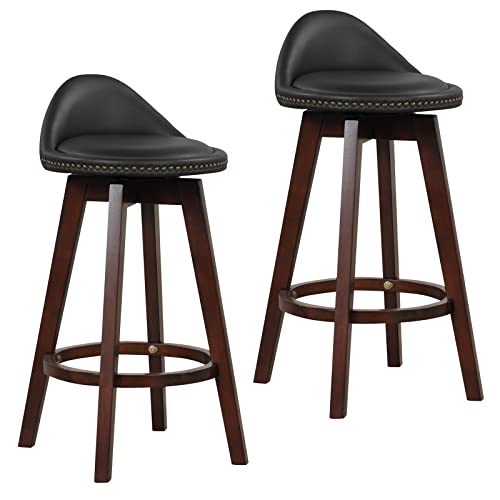 COSTWAY Bar Stool, Swivel PVC Leather Bar Height Chair with Low Back & Rubber Wood Legs, Armless Kitchen Island Stool for Home, Pub & Cafe, Black & Brown (2)