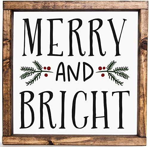 Merry and Bright Christmas Sign Rustic Farmhouse Frame Winter Home Decor 12in x 12in