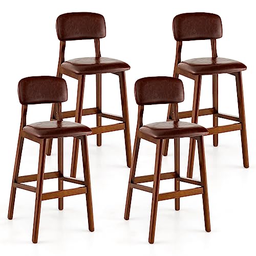 COSTWAY Bar Stools Set of 4, PU Upholstered Bar Height Chairs with Soft Back & Seat Cushions, 29 Inches Breakfast Stools with Footrest for Bar, Kitchen, Dining Room, Simple Assembly, Brown (4)