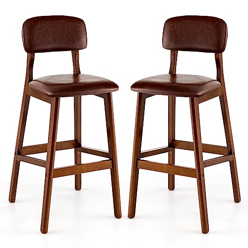 COSTWAY Bar Stools Set of 2, PU Upholstered Bar Height Chairs with Soft Back & Seat Cushions, 29 Inches Breakfast Stools with Footrest for Bar, Kitchen, Dining Room, Simple Assembly, Brown (2)