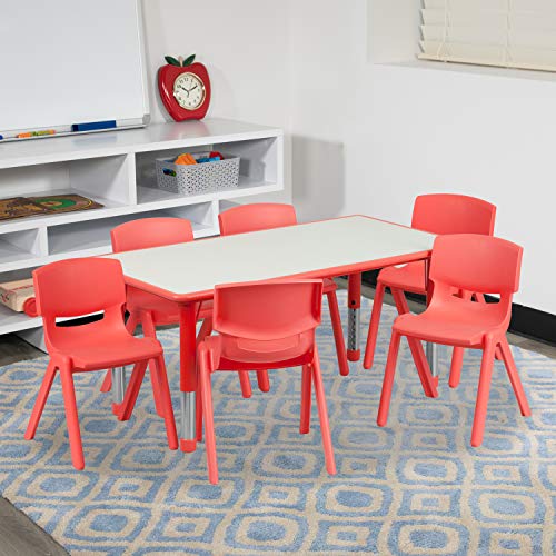 Flash Furniture Emmy 23.625''W x 47.25''L Rectangular Red Plastic Height Adjustable Activity Table Set with 6 Chairs