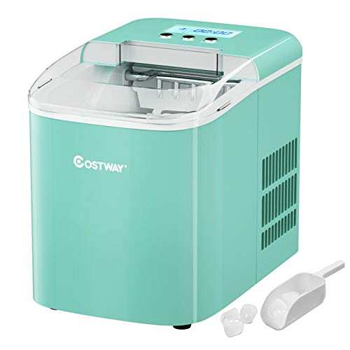 COSTWAY Countertop Ice Maker, 26LBS/24H with Self-Clean Function, LCD Display, 9 Bullet Ice / 7 Mins, Portable and Compact Ice Machine with Ice Scoop and Basket, for Homes, Offices, Bars (Green)