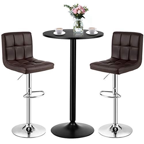 COSTWAY 3-Piece Bar Table Set, Round Cocktail Table and PU Leather Adjustable Swivel Chairs, Modern Counter Height Table Set with 2 Bar Stool for Kitchen, Office (Brown)