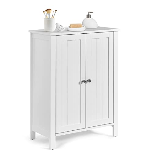 COSTWAY Bathroom Floor Cabinet - Freestanding Side Storage Organizer with Double Doors & Adjustable Shelf, Wooden Storage Cabinet for Living Room, Bedroom, Kitchen, Entryway (White)