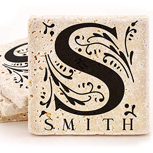 Stone Personalized Coasters Set of 4 - Monogrammed Coaster - Custom Coasters w/Last Name and Monogram - Choose Your Ink Color for Customized Coaster - Great Wedding, Anniversary or House Warming Gift