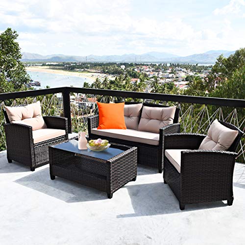 COSTWAY 4PCS Outdoor Rattan Furniture Set Cushioned Sofa Armrest Table W/Lower Shelf