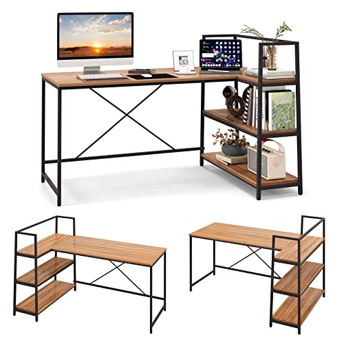 COSTWAY 59 Inch L-Shaped Computer Desk, Large Reversible Corner Desk with Open Storage Shelves, Space-Saving Writing Study Table PC Laptop Gaming Desk, for Home Office (Black + Walnut)