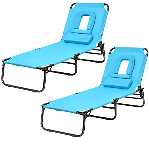 COSTWAY 2 PCS Folding Chaise Lounge Chair Bed Adjustable Patio Beach Camping Recliner Navy