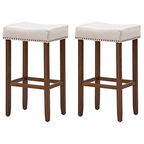 COSTWAY Counter Height Bar Stools Set of 4, 29-inch Height Backless Saddle Stools with Brass Nailhead Trim, Thick Cushion, Solid Wood Legs, Modern Bar Stools for Kitchen Island Bistro, Beige