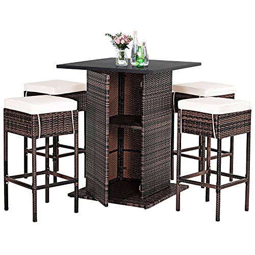 COSTWAY 5PCS Patio Rattan Bar Table Stool Set Hidden Storage Shelf Cushioned