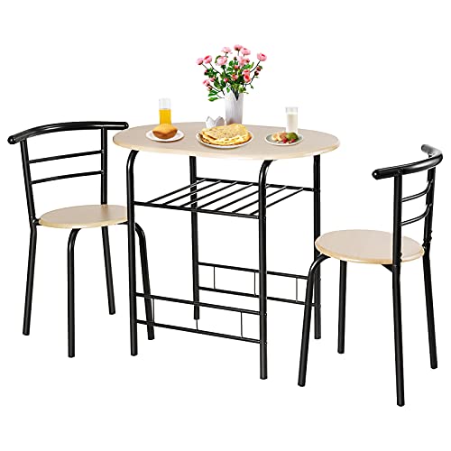 COSTWAY 3 Piece Dining Table Set for 2, Modern Round Table Set with 2 Stools, Pub Table and Chairs Dining Set with Built in Storage Layer, Space Saving for Kitchen, Apartment and Dining Room (Natural)