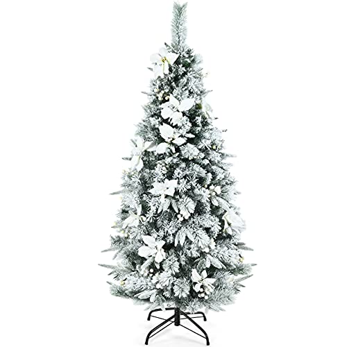 COSTWAY 5ft Snow Flocked Christmas Pencil Tree w/Berries & Poinsettia Flowers