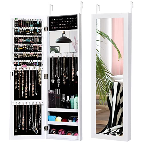 COSTWAY Full Length Mirror Jewelry Cabinet, Wall Door Mounted Jewelry Organizer w/Makeup Mirror, Ring Slots & Necklace Hooks, Large Storage Jewelry Armoire for Bedroom, Dressing Room (White)