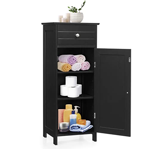 COSTWAY Bathroom Storage Cabinet, Single Door Floor Cabinet with Drawer and 3-Level Adjustable Shelves, Modern Side Storage Organizer with Anti-Tipping Device for Living Room, Bedroom (Black)