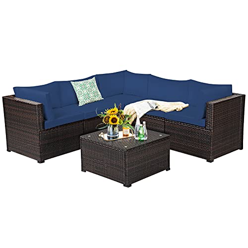 COSTWAY 6PCS Patio Rattan Furniture Set Sectional Cushioned Sofa Deck Navy