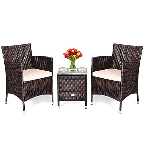 COSTWAY Outdoor 3 PCS PE Rattan Wicker Furniture Sets Chairs Coffee Table Garden Beige