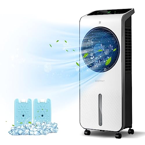 COSTWAY Portable Evaporative Air Cooler, 3-in-1 Swamp Cooler w/Remote Control, 360¡ Rotating Fan Blade, 3 Modes, 12H Timer, 2 Ice Packs, Air Cooling Fan with Fan & Humidifier for Room Home Office