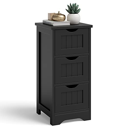 COSTWAY Bathroom Storage Cabinet, Space-Saving Slim Storage Cabinet with 3 Drawers, Freestanding Wooden Narrow Floor Cabinet for Living Room Bathroom Bedroom Entryway (Black)