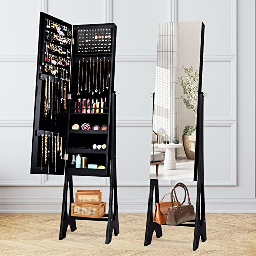 COSTWAY 12 LED Jewelry Armoire Cabinet, Freestanding Jewelry Organizer with Full Length Mirror & 3 Adjustable Angles, Large Capacity Jewelry Cabinet with Bottom Storage Shelf for Women Girls (Black)