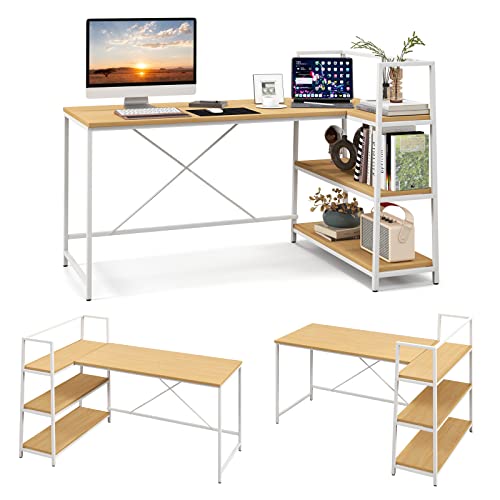 COSTWAY 59 Inch L-Shaped Computer Desk, Large Reversible Corner Desk with Open Storage Shelves, Space-Saving Writing Study Table PC Laptop Gaming Desk, for Home Office (White + Natural)