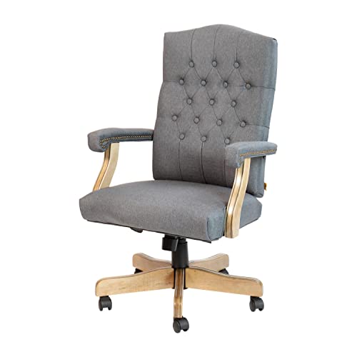 Flash Furniture Derrick Traditional Office Chair - Gray Fabric Tufted Swivel Office Chair - Home Office Desk Chair with Driftwood Base