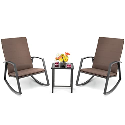 COSTWAY 3PCS Patio Rattan Rocking Chair Table Furniture Set Yard Cushion Brown