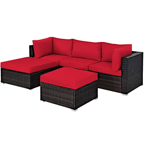 COSTWAY 5PCS Patio Rattan Furniture Set Sectional Conversation Set Ottoman Table Red